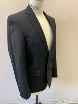 CALVIN KLEIN, Black, Wool, Solid, 2 Button Front, Notched Lapel, 3 Pockets,