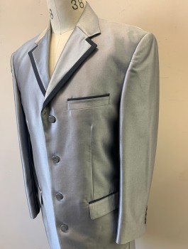 PALLINI, Gray, Polyester, Rayon, Solid, Shiny Sharkskin, Dark Gray Faille Trim,  Notched Lapel, Single Breasted, 4 Buttons, 3 Pockets, Extra Long Fit