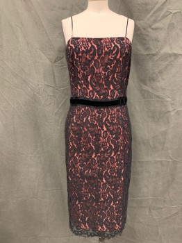 Womens, Cocktail Dress, TRINA TURK, Black, Bubble Gum Pink, Cotton, Nylon, Floral, W 26, B 32, Black Floral Lace Over Pink Lining, Very Thin Ribbon Straps, Velvet and Satin Solid Black Waistband, Zip Back, Above Knee