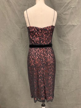Womens, Cocktail Dress, TRINA TURK, Black, Bubble Gum Pink, Cotton, Nylon, Floral, W 26, B 32, Black Floral Lace Over Pink Lining, Very Thin Ribbon Straps, Velvet and Satin Solid Black Waistband, Zip Back, Above Knee