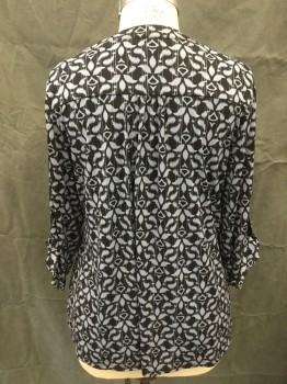 CHARTER CLUB, Black, Dove Gray, Polyester, Spandex, Geometric, Floral, Black with Dove Gray Geometric Floral Pattern with Stripes, Mandarin Collar, 1/4 Button Front, Button/Loops, 3/4 Sleeve with Tab Roll Up