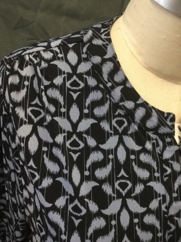 CHARTER CLUB, Black, Dove Gray, Polyester, Spandex, Geometric, Floral, Black with Dove Gray Geometric Floral Pattern with Stripes, Mandarin Collar, 1/4 Button Front, Button/Loops, 3/4 Sleeve with Tab Roll Up
