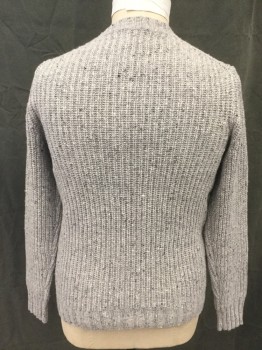 SROFT & FOX, Lt Gray, Wool, Heathered, Ribbed Knit, Crew Neck, Wider Ribbed Knit Neck/Waistband/Cuff