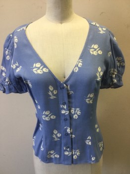 REFORMATION, Sky Blue, White, Rayon, Floral, Light Blue with White Tulip Print, V-neck, Button Front, Puffy Short Sleeves with Elastic  ** Red Stain on Right Back Shoulder**