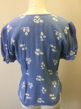 REFORMATION, Sky Blue, White, Rayon, Floral, Light Blue with White Tulip Print, V-neck, Button Front, Puffy Short Sleeves with Elastic  ** Red Stain on Right Back Shoulder**