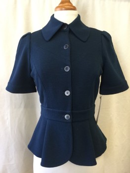 DVF, Navy Blue, Wool, Nylon, Sharkskin Weave, Button Front, Collar Attached, Short Sleeves,