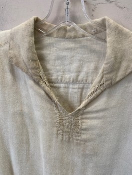 Mens, Historical Fiction Shirt, N/L MTO, Ecru, Cotton, Solid, 34-36, XS, Gauze, Long Sleeves, Collar Attached, Pullover, Very Aged, with Raw Fraying Edges, Holes, Mends, Etc, Open Threadwork Detail at V Neck in Front, Made To Order Reproduction, Pirate, Peasant