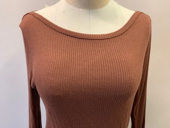 Womens, Top, PTS LOS ANGELES, Brown, Rayon, Spandex, Solid, M, Long Sleeves, Bateau/Boat Neck, Rib Knit, MULTIPLES