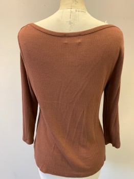 Womens, Top, PTS LOS ANGELES, Brown, Rayon, Spandex, Solid, M, Long Sleeves, Bateau/Boat Neck, Rib Knit, MULTIPLES