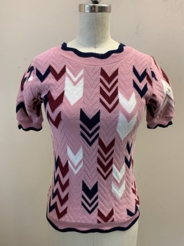 Womens, Pullover, MADISON & BERKELEY, Dusty Pink, Navy Blue, Maroon Red, White, Polyester, Rayon, Herringbone, B30, XS, W26, Navy Scallop Edge, Short Sleeves, Round Neck,