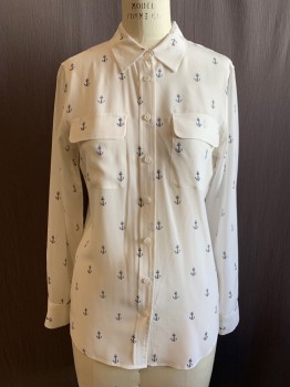 Womens, Blouse, EQUIPMENT, White, Silk, Novelty Pattern, M, White with Navy Anchor Pattern, Button Front, Collar Attached, 2 Flap Patch Pockets, Long Sleeves, Button Cuff