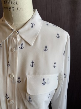 Womens, Blouse, EQUIPMENT, White, Silk, Novelty Pattern, M, White with Navy Anchor Pattern, Button Front, Collar Attached, 2 Flap Patch Pockets, Long Sleeves, Button Cuff