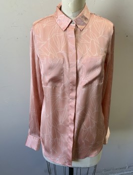 Womens, Blouse, A NEW DAY, Rose Pink, White, Polyester, Leaves/Vines , S, Satin, Long Sleeves, Button Front, Collar Attached, 2 Patch Pockets