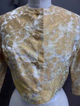 NO LABEL, Gold, Pearl White, Polyester, Floral, Jacket, L/S, Button Front, Crew Neck