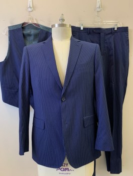 Mens, Suit, Jacket, ANTONIO CARDINNI, Royal Blue, Wool, Polyester, Stripes - Pin, 2 Button, Flap Pocket, Double Vent