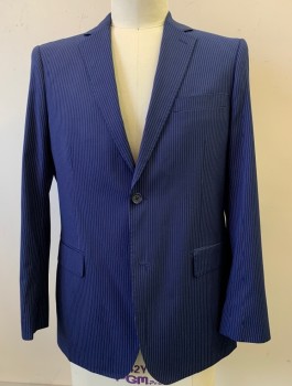 Mens, Suit, Jacket, ANTONIO CARDINNI, Royal Blue, Wool, Polyester, Stripes - Pin, 2 Button, Flap Pocket, Double Vent