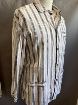 Mens, Sleepwear PJ Top, GLOBAL, White, Black, Gray, Yellow, Cotton, Stripes - Vertical , Novelty Pattern, 2XL, Long Sleeves, Button Front, Collar Attached, 3 Pockets, Novelty Patterned Vertical Stripe