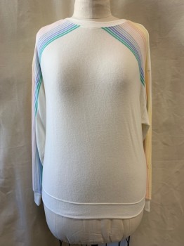Womens, Pullover, SPIRITUAL GANGSTER, White, Yellow, Lt Pink, Lt Orange, Lt Blue, Cotton, Modal, Stripes - Diagonal , L, Baby Blue, Green, Stripes on Shoulders & Sleeves, Crew Neck, Pullover, Long Sleeves, Ribbed Neck, Cuff, Cuffs