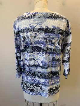 Womens, Top, ALFRED DUNNER, White, Cornflower Blue, Gray, Black, Cotton, Spandex, Reptile/Snakeskin, Abstract , S, Jersey, 3/4 Sleeves, Pullover, Round Neck with Cutouts, Tiny Silver Rhinestones