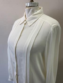 Womens, Blouse, NANETTE LEPORE, Cream, Polyester, Solid, XL, Crepe De Chine, Long Sleeves, Button Front, Collar Attached, Vertical Pleats at Front Chest