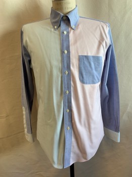 Mens, Casual Shirt, BROOKS BROTHERS, Lt Blue, Pink, Mint Green, Cotton, Color Blocking, M, Button Down Collar Attached, Long Sleeves, Button Front, 1 Pocket, 3 Button Cuff