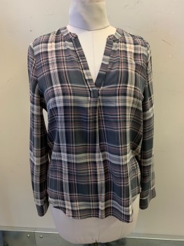 Womens, Top, JOIE, Lt Pink, Dk Gray, Multi-color, Silk, Plaid, S, Band Collar, V-N, L/S, Light Gray And Light Beige