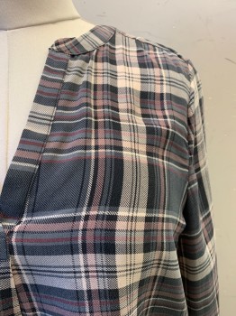 Womens, Top, JOIE, Lt Pink, Dk Gray, Multi-color, Silk, Plaid, S, Band Collar, V-N, L/S, Light Gray And Light Beige
