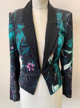 Womens, Blazer, STYLEWALKER, Black, Green, Pink, Polyester, Tropical , S, Solid Black Lapel with Unusual Shape, 1 Hook & Eye at Waist, 2 Pockets with Exposed Zippers