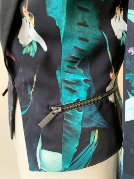 Womens, Blazer, STYLEWALKER, Black, Green, Pink, Polyester, Tropical , S, Solid Black Lapel with Unusual Shape, 1 Hook & Eye at Waist, 2 Pockets with Exposed Zippers