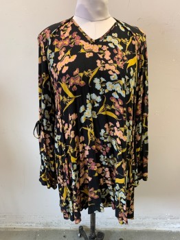 Womens, Dress, Long & 3/4 Sleeve, XHILIRATION, Black, Lt Pink, Sky Blue, Goldenrod Yellow, Raspberry Pink, Rayon, Floral, B: 42, V-neck, Pullover, Long Bell Sleeves, Tie Straps at Elbows, Cur Out Back, Hem at Knee, High Low Hem