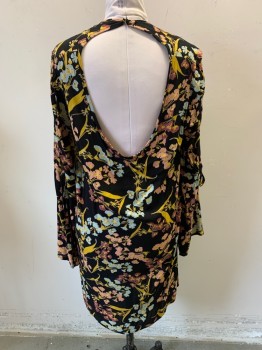 Womens, Dress, Long & 3/4 Sleeve, XHILIRATION, Black, Lt Pink, Sky Blue, Goldenrod Yellow, Raspberry Pink, Rayon, Floral, B: 42, V-neck, Pullover, Long Bell Sleeves, Tie Straps at Elbows, Cur Out Back, Hem at Knee, High Low Hem