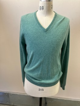 Mens, Pullover Sweater, J.CREW, Sea Foam Green, Cashmere, Solid, Heathered, M, V-N, L/S, Rib Knit Trim