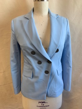 Womens, Suit, Jacket, TOPSHOP, Powder Blue, Polyester, Viscose, Solid, 4, Double Breasted, 5 Black with Gray Triangles Buttons, 5 Pockets, Peaked Lapel, 1 Button Cuff, Double Vent
