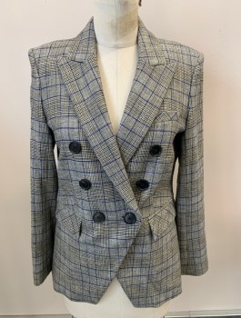 Womens, Blazer, VERONICA BEARD, Black, White, Tan Brown, Blue, Viscose, Polyester, Houndstooth, 4, Double Breasted, 6 Bttns, Peaked Lapel, 3 Pckts, Single Vent, Split Front