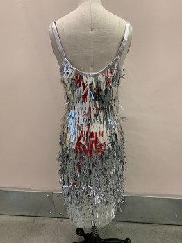 Womens, Cocktail Dress, MTO, Silver, Polyester, Elastane, 32B, V-N, Silver Long Sequins All Over, Thin Straps, Built In Bra