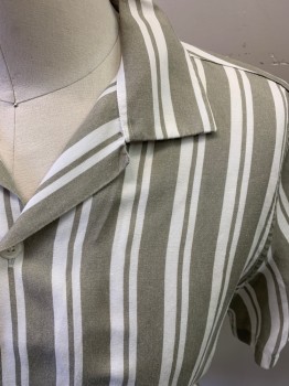 NO NATIONALITY, White, Lt Olive Grn, Tencel, Linen, Stripes - Vertical , Short Sleeves, Button Front, 5 Buttons, Small Side Vents