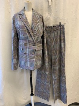 Womens, Suit, Jacket, NASTY GAL, Gray, White, Black, Beige, Pink, Polyester, Wool, Glen Plaid, W: 26, 4, Peak Lapel, Double Breasted, Button Front, 6 Fabric Covered Buttons, 2 Pockets