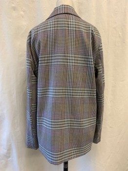 NASTY GAL, Gray, White, Black, Beige, Pink, Polyester, Wool, Glen Plaid, Peak Lapel, Double Breasted, Button Front, 6 Fabric Covered Buttons, 2 Pockets