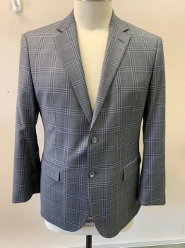 Mens, Sportcoat/Blazer, PRONTO UOMO, Gray, Slate Blue, Navy Blue, Wool, Plaid-  Windowpane, 44R, Single Breasted, Notched Lapel, 2 Buttons, 3 Pockets
