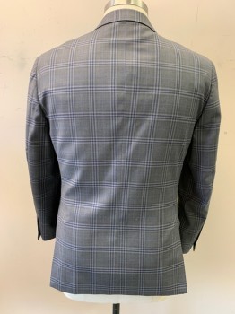Mens, Sportcoat/Blazer, PRONTO UOMO, Gray, Slate Blue, Navy Blue, Wool, Plaid-  Windowpane, 44R, Single Breasted, Notched Lapel, 2 Buttons, 3 Pockets