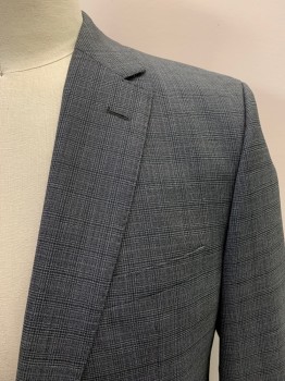 HUGO BOSS, Dk Gray, Wool, Plaid, Single Breasted, 2 Buttons, Notched Lapel, 3 Pockets, 2 Back Vents,