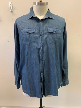 CLAIBORNE, Denim Blue, Cotton, Faded, Button Front, 2 Chest Pockets With Buttons, Gray Blue Buttons