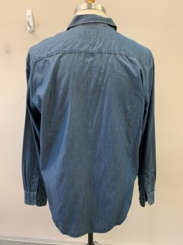 CLAIBORNE, Denim Blue, Cotton, Faded, Button Front, 2 Chest Pockets With Buttons, Gray Blue Buttons