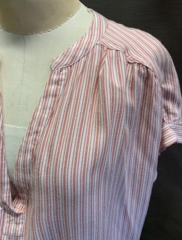 Womens, Top, GAP, White, Rose Pink, Rayon, Stripes, M, S/S, Collar Band with V Neck, Rolled Sleeve Cuffs, Curved Hem **Small Tears/Holes in Back
