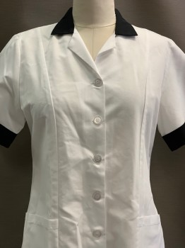 RED KAP, White, Black, Polyester, Cotton, Color Blocking, S/S, Button Front, Collar Attached, Top Pockets, Vertical Seams,