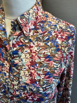 GERARD DAREL, Blush Pink, Powder Blue, Cream, Multi-color, Polyester, Floral, L/S, Button Front, 2 Chest Patch Pockets, Back Dart