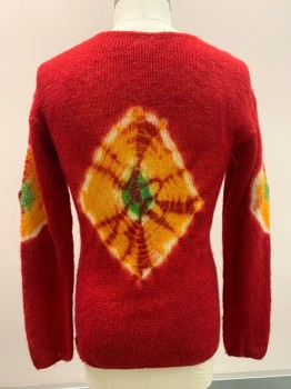 Mens, Pullover Sweater, ISLAND PRIDE, Red, Orange, Lime Green, Cream, Wool, Tie-dye, L, L/S, Crew Neck, Knit