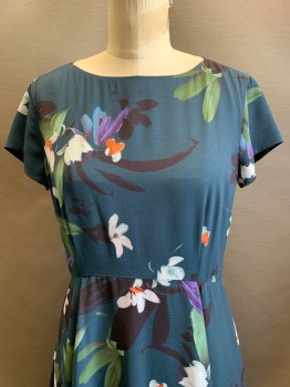 French Connection, Teal Blue, Black, Sage Green, Lt Blue, Orange, Polyester, Floral, S/S, Round Neck, Side Pockets, Back Zipper,