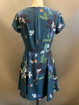 French Connection, Teal Blue, Black, Sage Green, Lt Blue, Orange, Polyester, Floral, S/S, Round Neck, Side Pockets, Back Zipper,