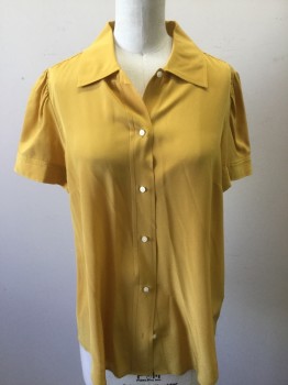 JCREW, Mustard Yellow, Silk, Solid, Collar Attached, Short  Puffed Sleeves with Button,  Button Front,